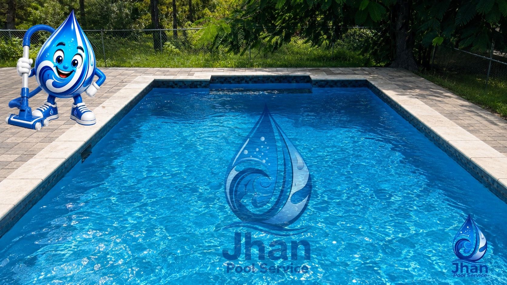 Mascota de Jhan Pool Service con la aspiradora junto a una piscina de agua cristalina