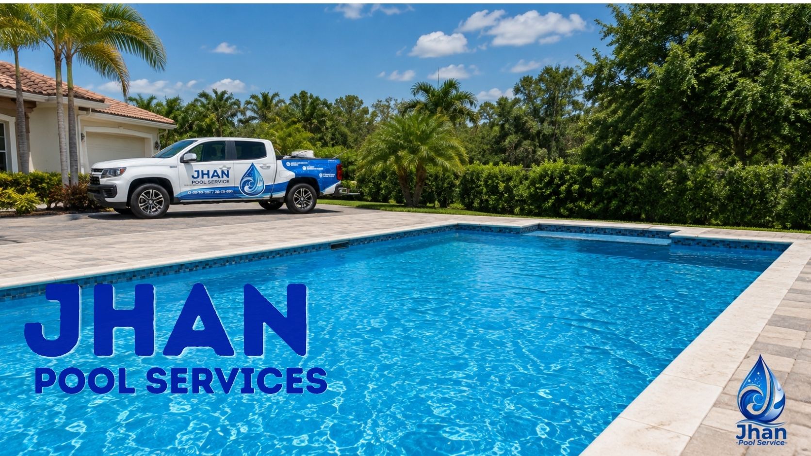 Camioneta de Jhan Pool Service junto a una piscina limpia lista para el mantenimiento semanal