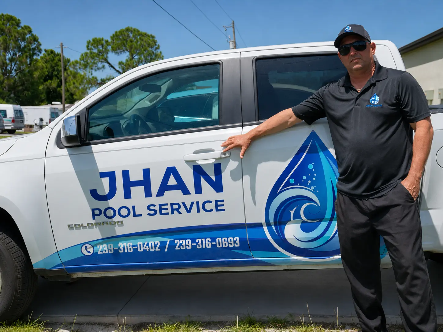 Camioneta rotulada de Jhan Pool Service junto a su técnico en Southwest Florida
