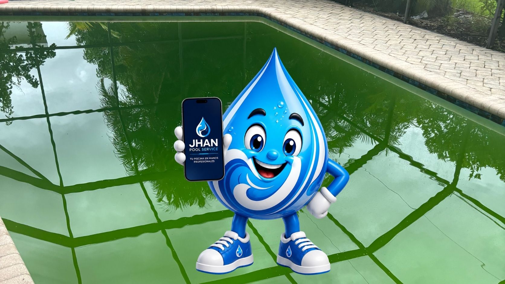 Piscina con agua verde por algas antes del tratamiento de recuperación
